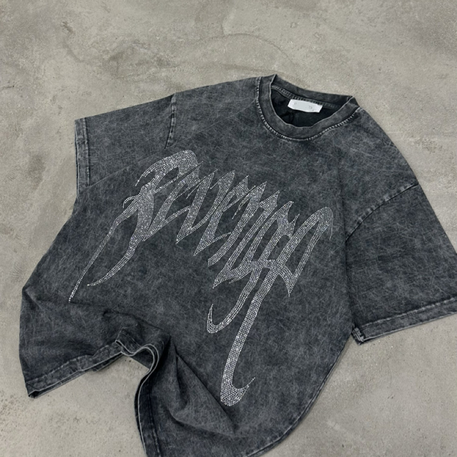 Yıkamalı Revenge Taşlı Oversize T-Shirt (Füme)