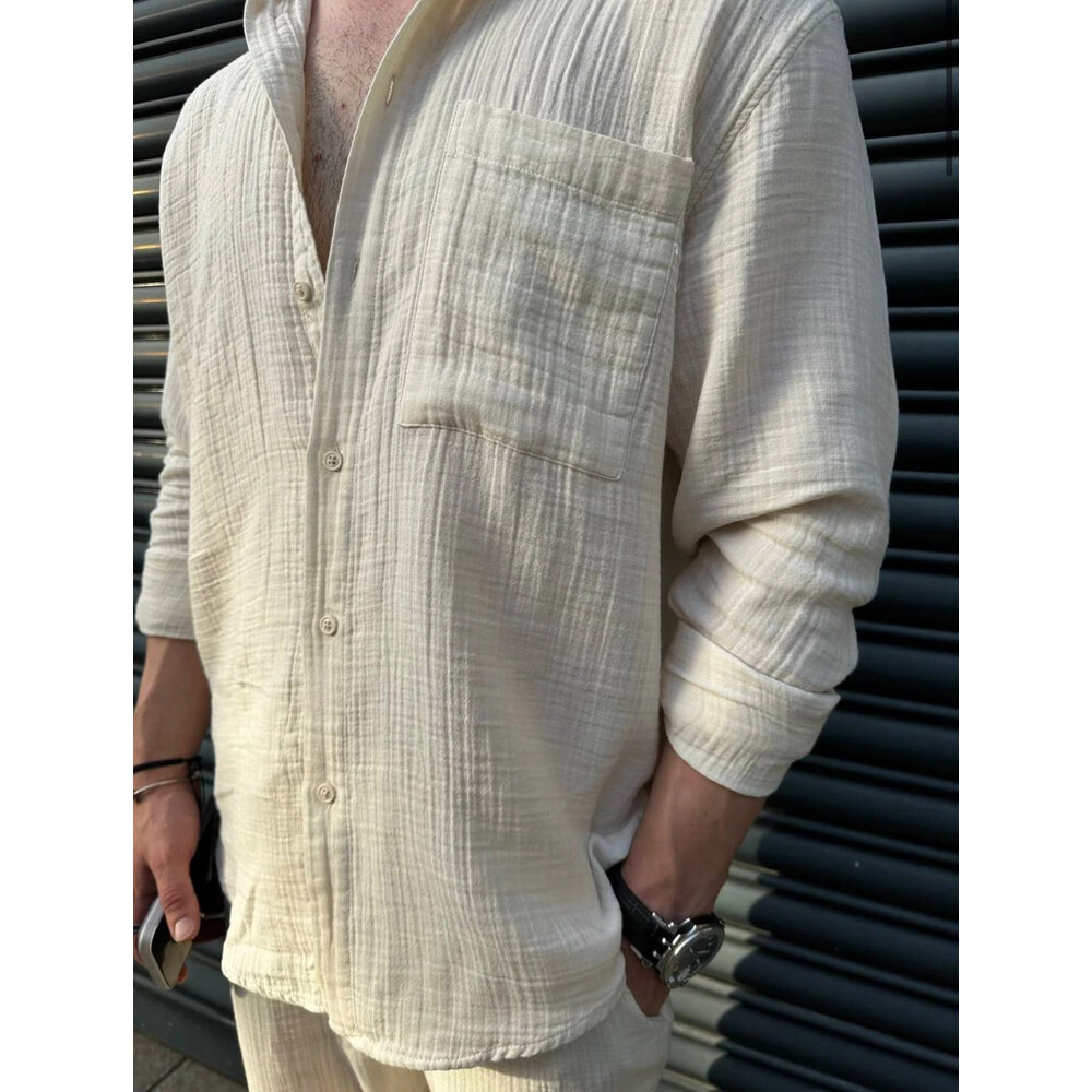 Premium Müslin Keten Oversize Gömlek Krem 8351