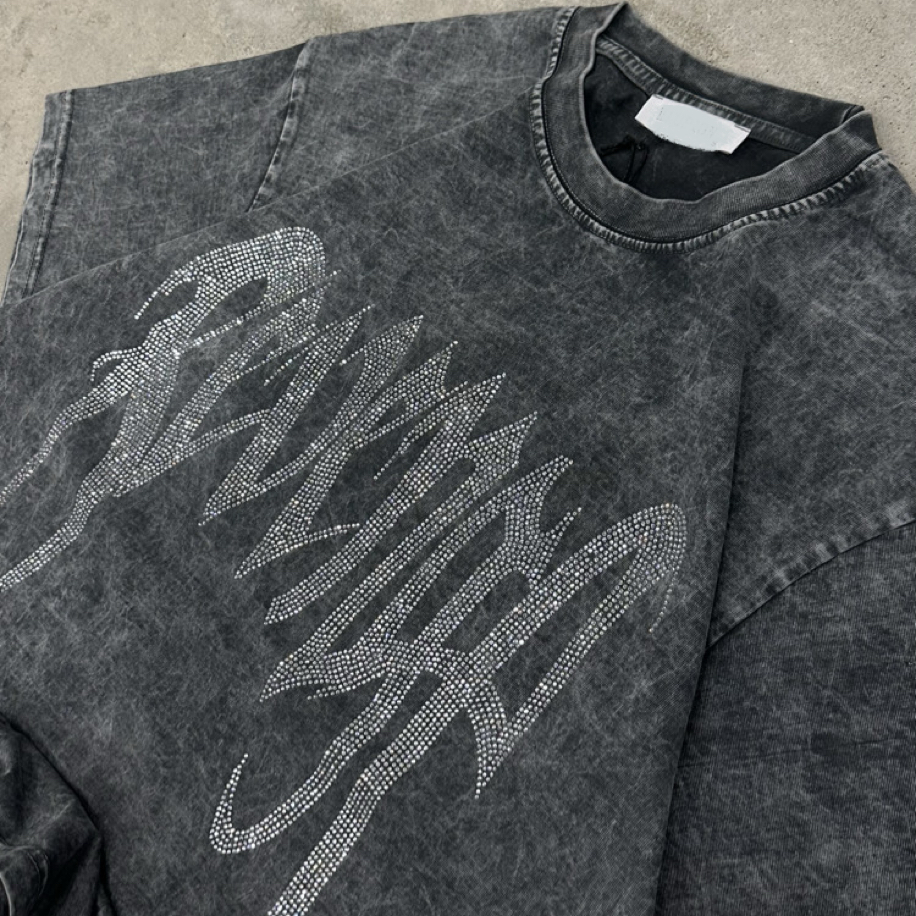 Yıkamalı Revenge Taşlı Oversize T-Shirt (Füme)