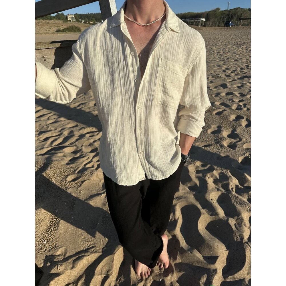 Premium Müslin Keten Oversize Gömlek Krem 8351