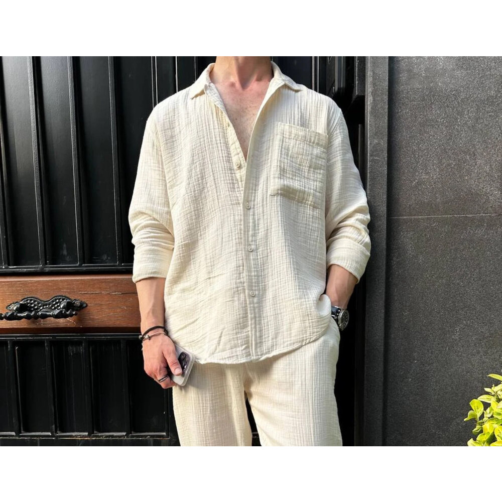 Premium Müslin Keten Oversize Gömlek Krem 8351