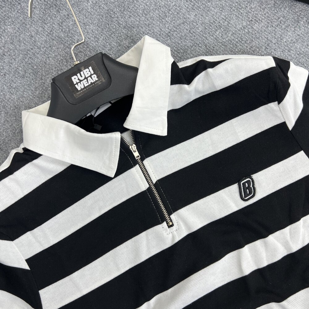 Polo Yaka Örme Sweat Beyaz-Siyah 8369
