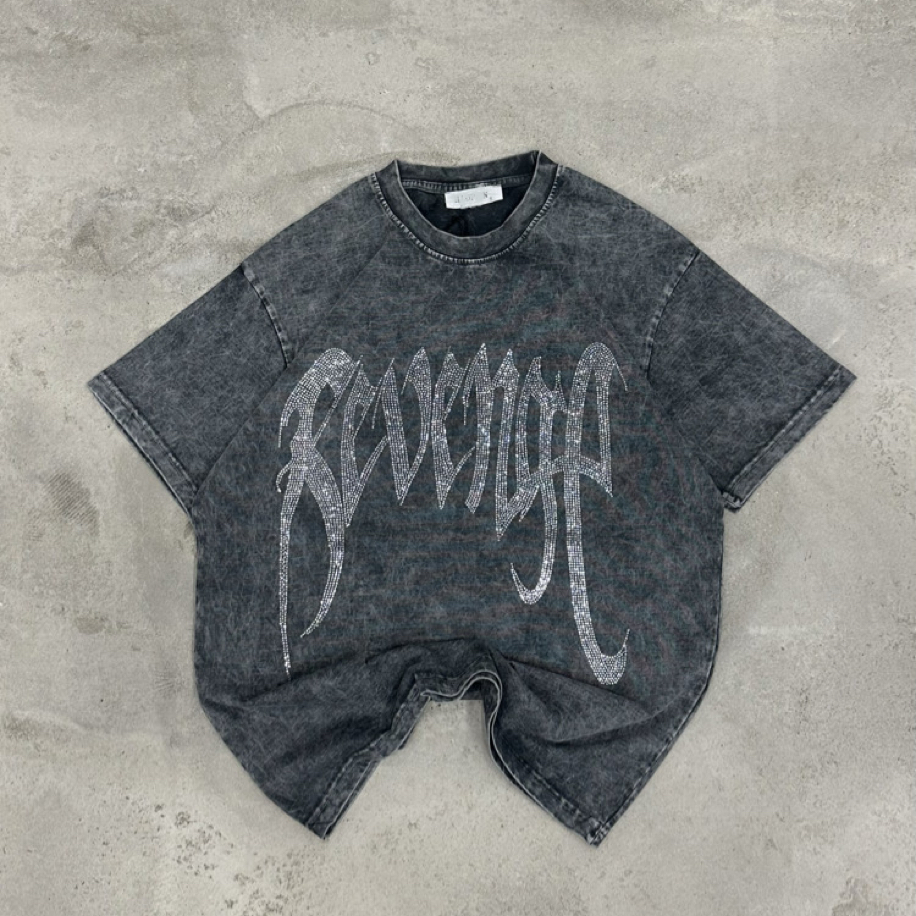 Yıkamalı Revenge Taşlı Oversize T-Shirt (Füme)