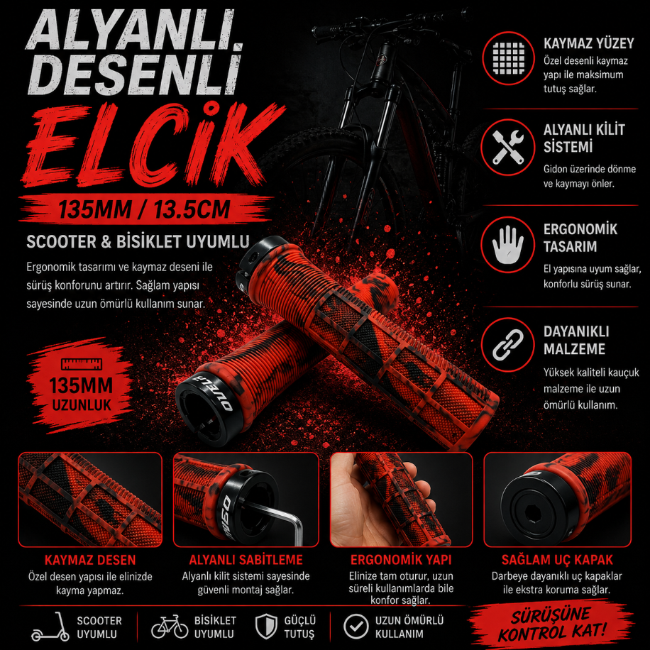 Ovela Alyanlı Desenli Elcik Scooter & Bisiklet Uyumlu - Kırmızı