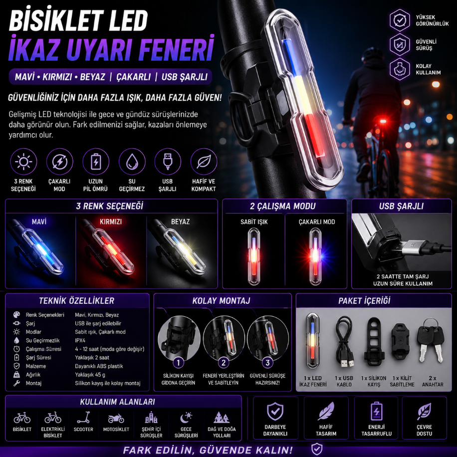 Bisiklet Led İkaz Uyarı Fener Mavi Kırmızı Beyaz Çakarlı USB Şarjlı Stop Lambası