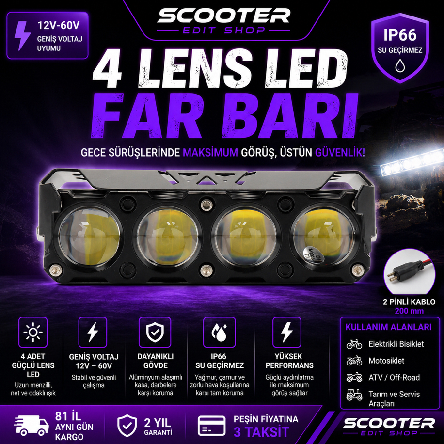 4 Lensli Şimşek Modlu LED Far Barı (12V–60V, Su Geçirmez, Evrensel Bağlantı)