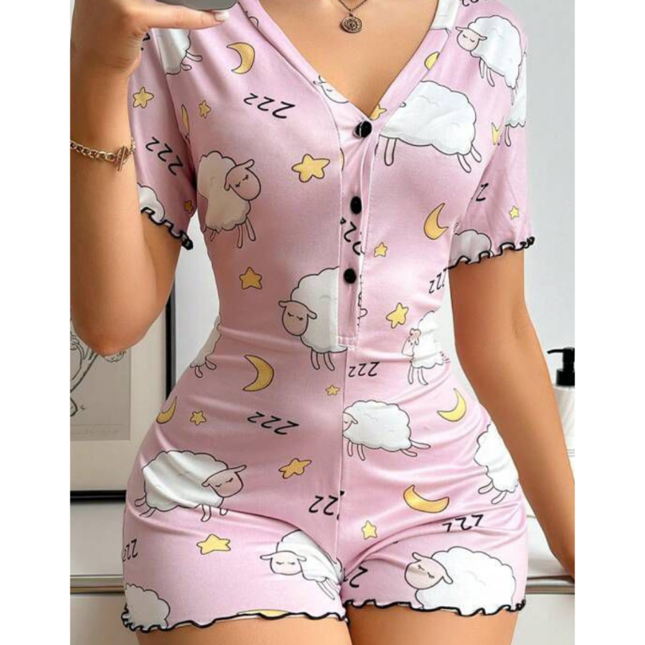 Pembe Koyun Desenli Kadın Pijama Romper – Rahat Ev Giyim Tulum - 2