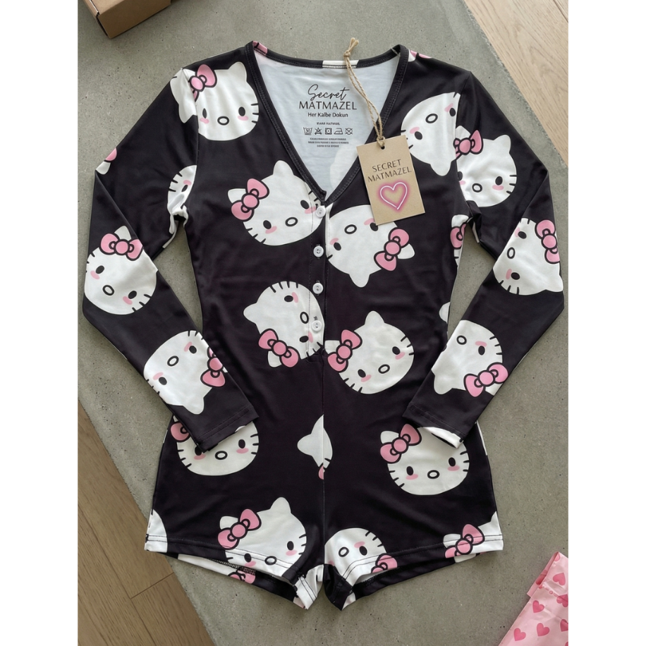 Cute Icon Desenli Uzun Kollu Mini Gecelik