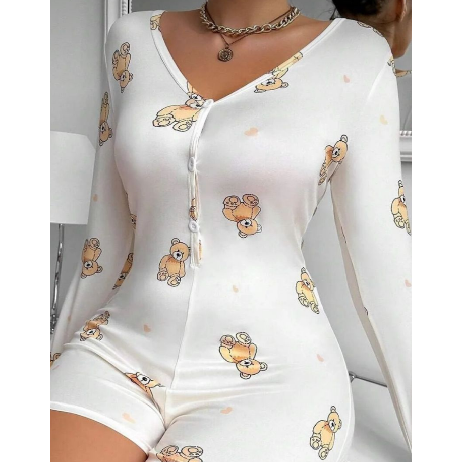 Ayıcık Desenli Kadın Pijama Romper – Uzun Kollu Rahat Ev Giyim - 2