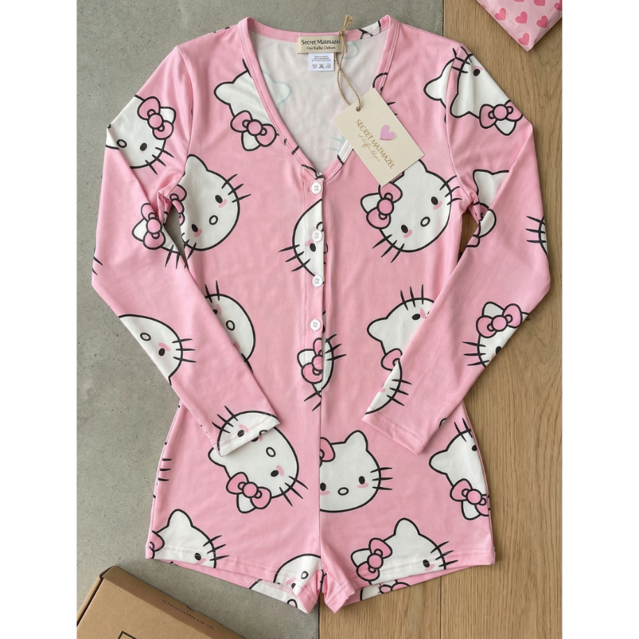 Pink Kitty Desenli Uzun Kollu Mini Gecelik