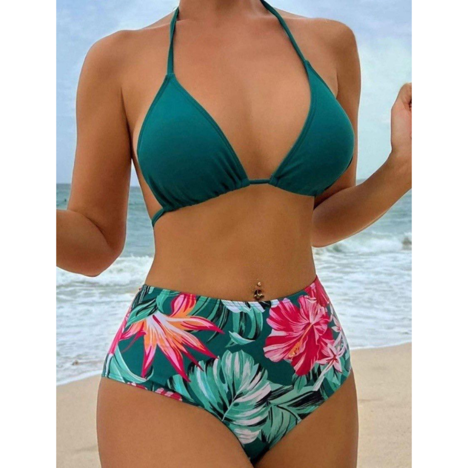 Premium 3 'lü Tropikal Plaj Seti - Yüksek Bel Bikini ve Şifon Kimono - 5
