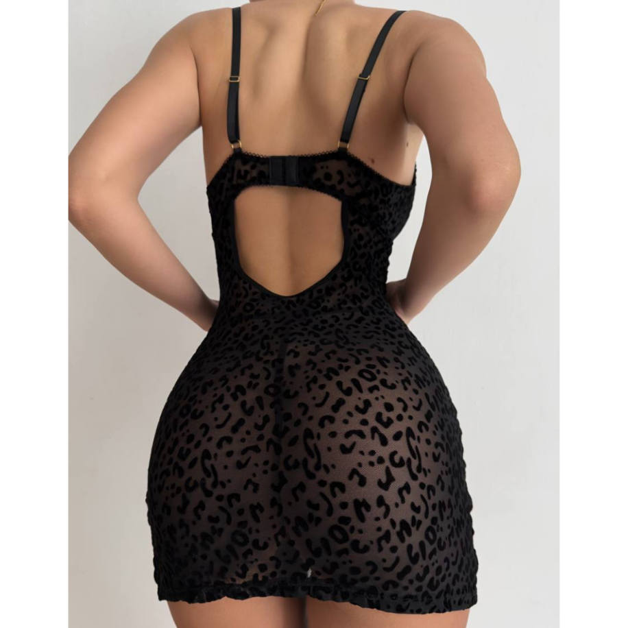 Kadın Siyah Leopar Desenli Babydoll – Dantel Detaylı Seksi Gecelik - 2
