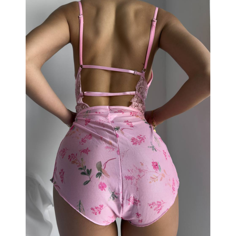Kadın Pembe Dantel Babydoll – Çiçek Desenli Seksi Fantezi İç Giyim - 4