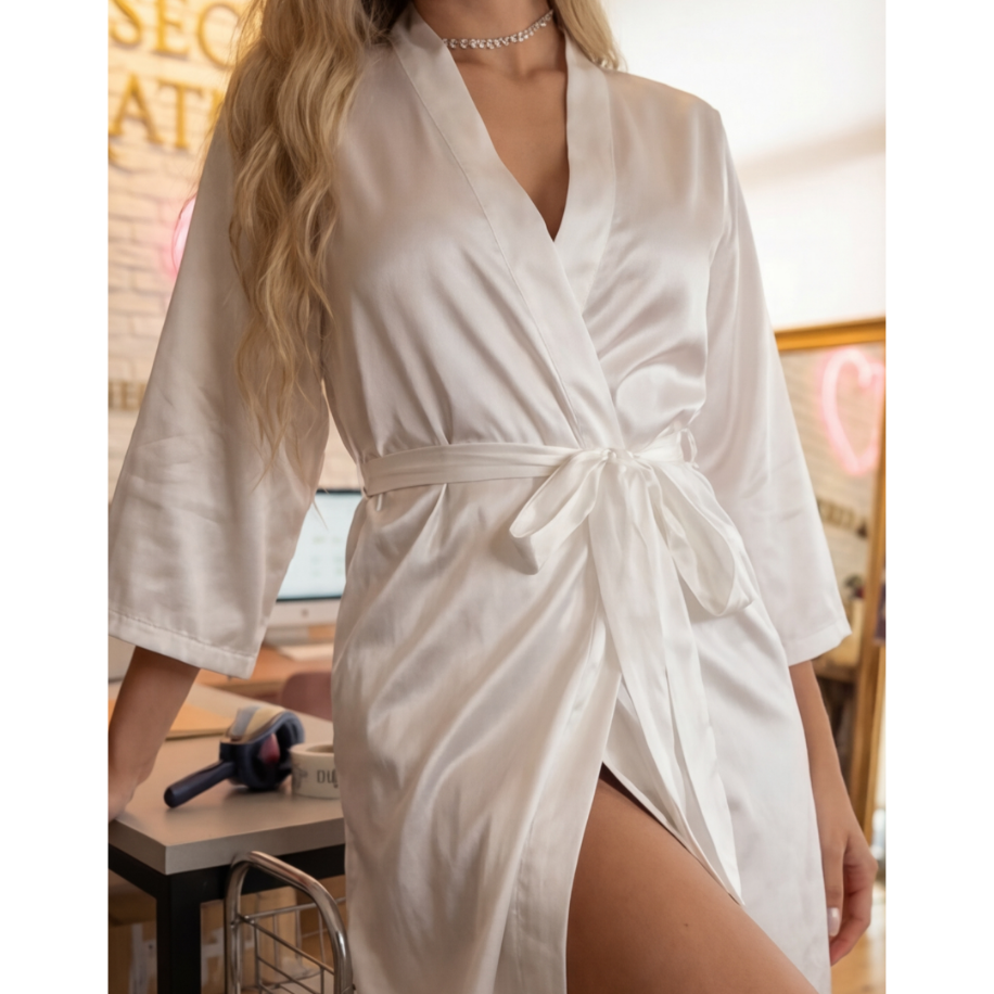 Beyaz Saten Sabahlık – Şık Satin Robe - 4