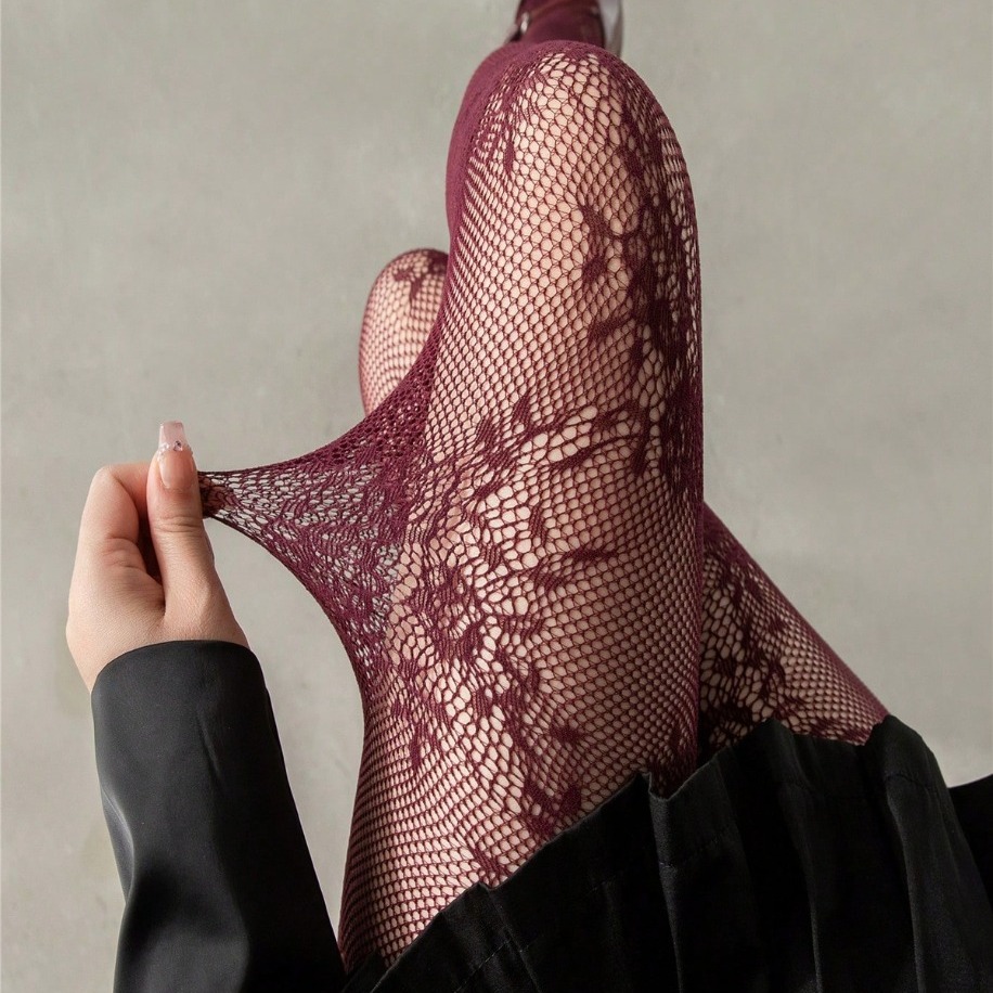 Bordo Cicek Desenli File Külotlu Corap | Dantel Desenli | Tam Boy - 2