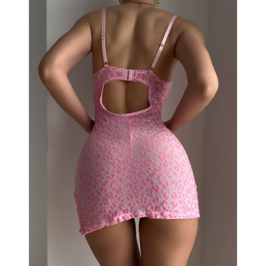 Kadın Pembe Leopar Desenli Babydoll – Dantel Detaylı Seksi Gecelik - 3