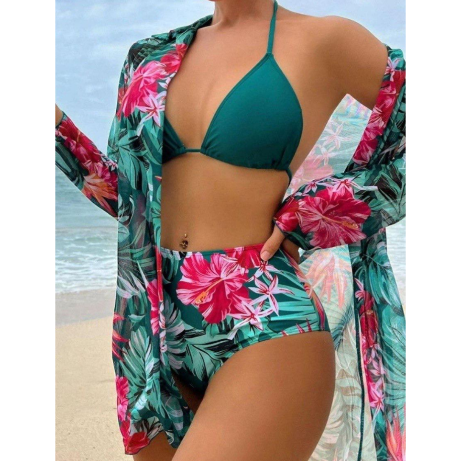 Premium 3 'lü Tropikal Plaj Seti - Yüksek Bel Bikini ve Şifon Kimono - 4