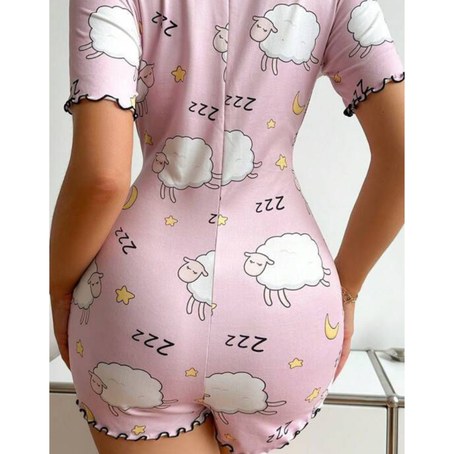 Pembe Koyun Desenli Kadın Pijama Romper – Rahat Ev Giyim Tulum - 3