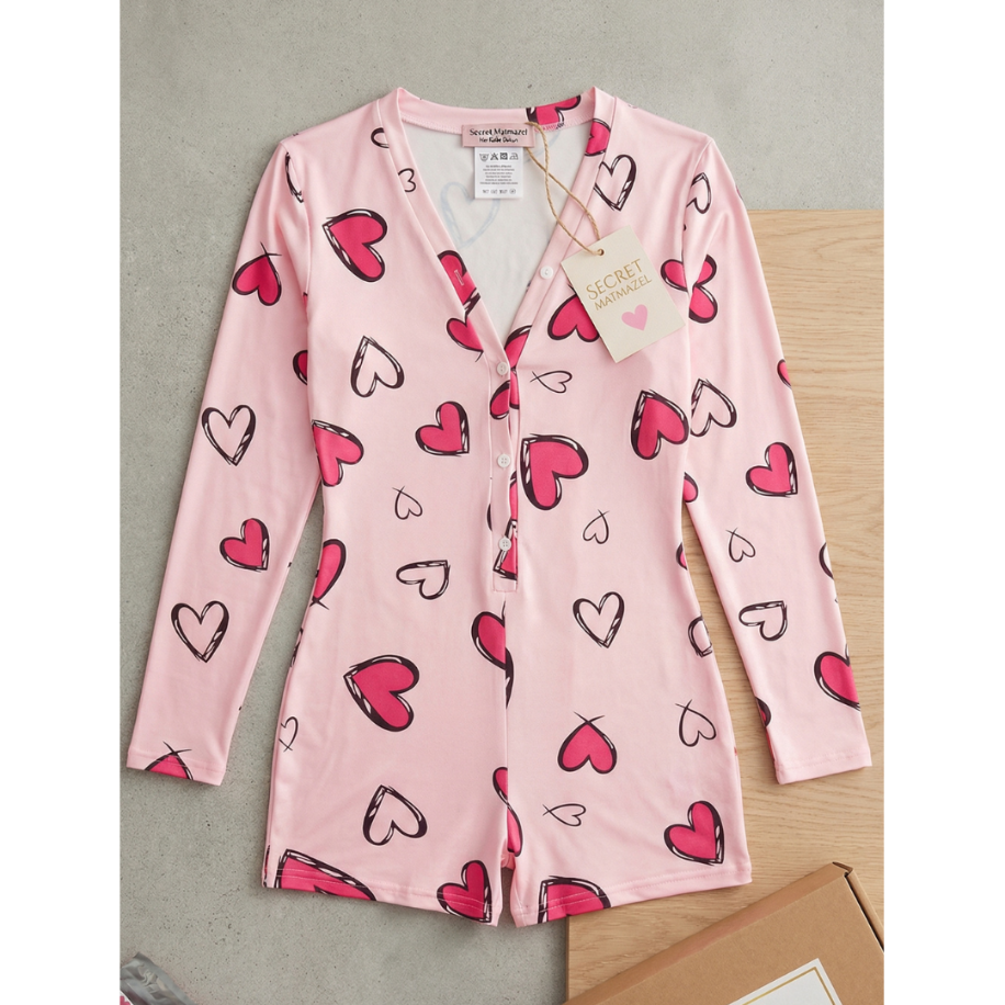 Pink Love Kalp Desenli Uzun Kollu Mini Gecelik