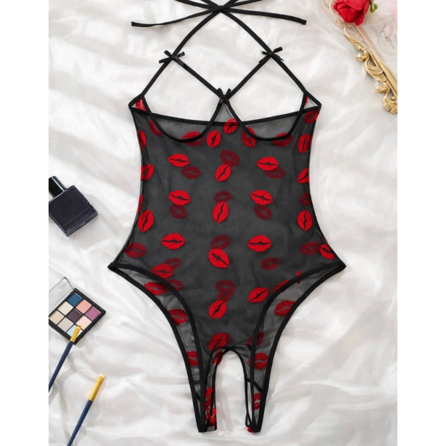 Kadın Transparan Fantezi Body – Öpücük Desenli Seksi Teddy
