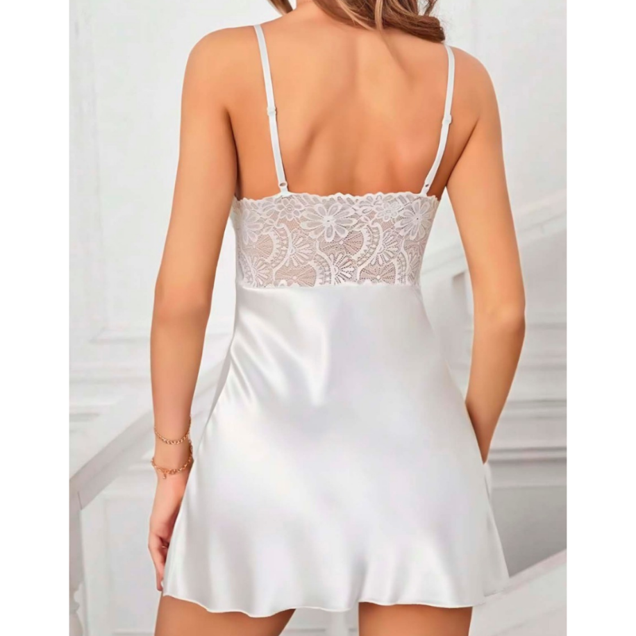 Kadın Beyaz Saten Dantel Detaylı Gecelik – Şık Babydoll - 2