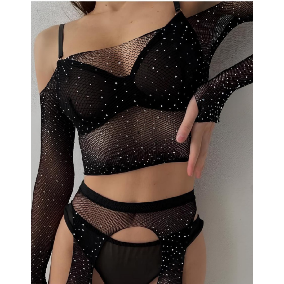 Işıltılı File Fantazi Takım – Taş Detaylı Seksi Body Set - 4