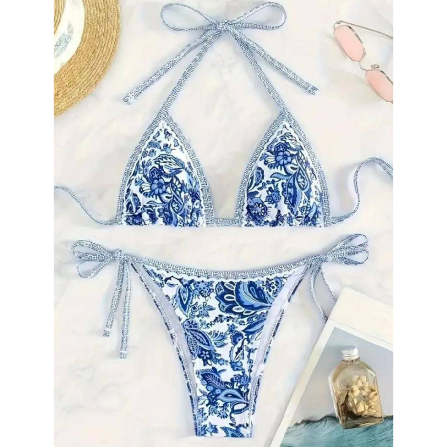 Premium Çini Desenli Mavi Beyaz İpli Üçgen Bikini Takımı