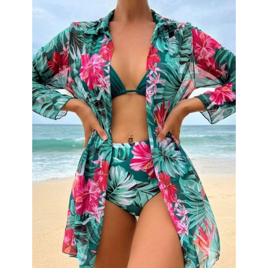 Premium 3 'lü Tropikal Plaj Seti - Yüksek Bel Bikini ve Şifon Kimono - 3