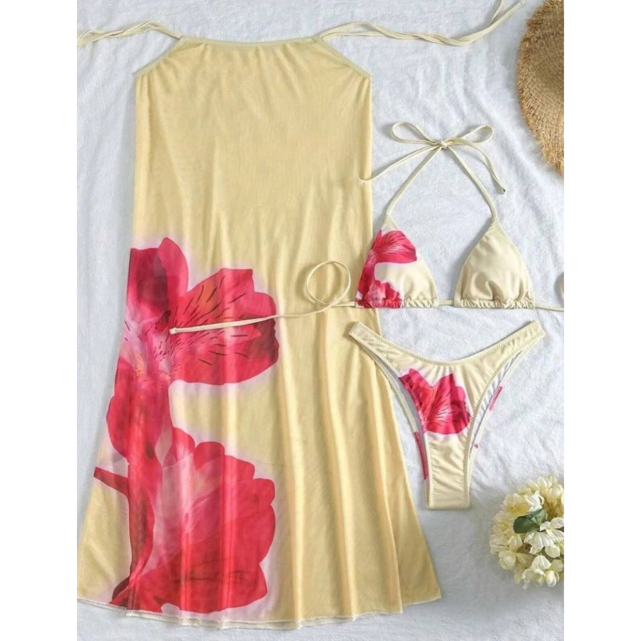 Premium 3 'lü Beach Club Seti - Dev Çiçek Desenli Bikini ve Uzun Pareo Etek - 2