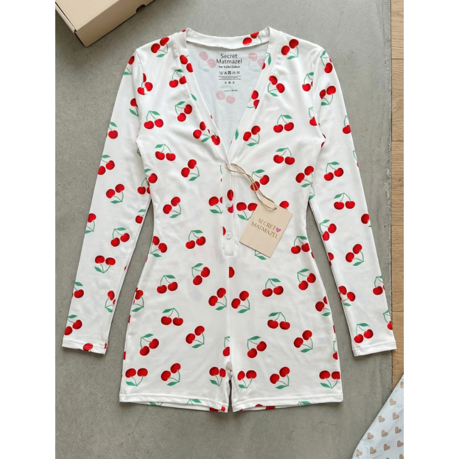 Cherry Love Kiraz Desenli Uzun Kollu Gecelik