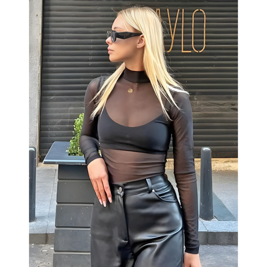 Transparan Siyah Kadın Bluz – Uzun Kollu Tül Body