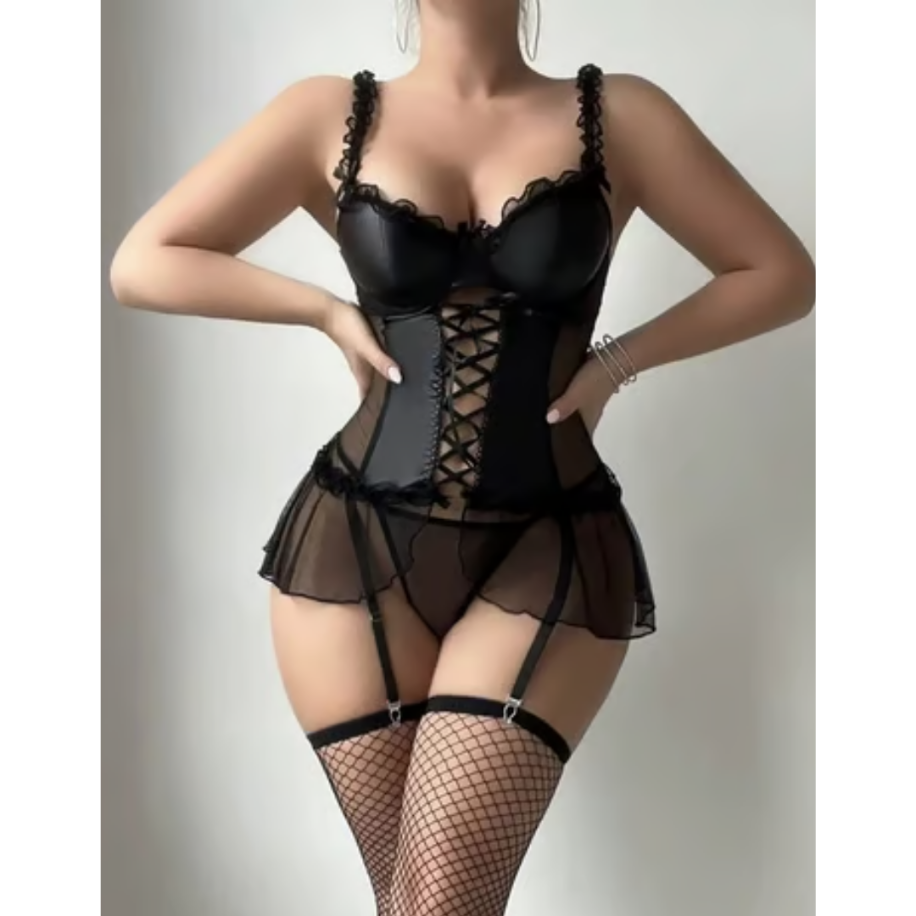 Deri Görünümlü Fantazi Gecelik – Bağcıklı Jartiyer Detaylı Seksi İç Giyim