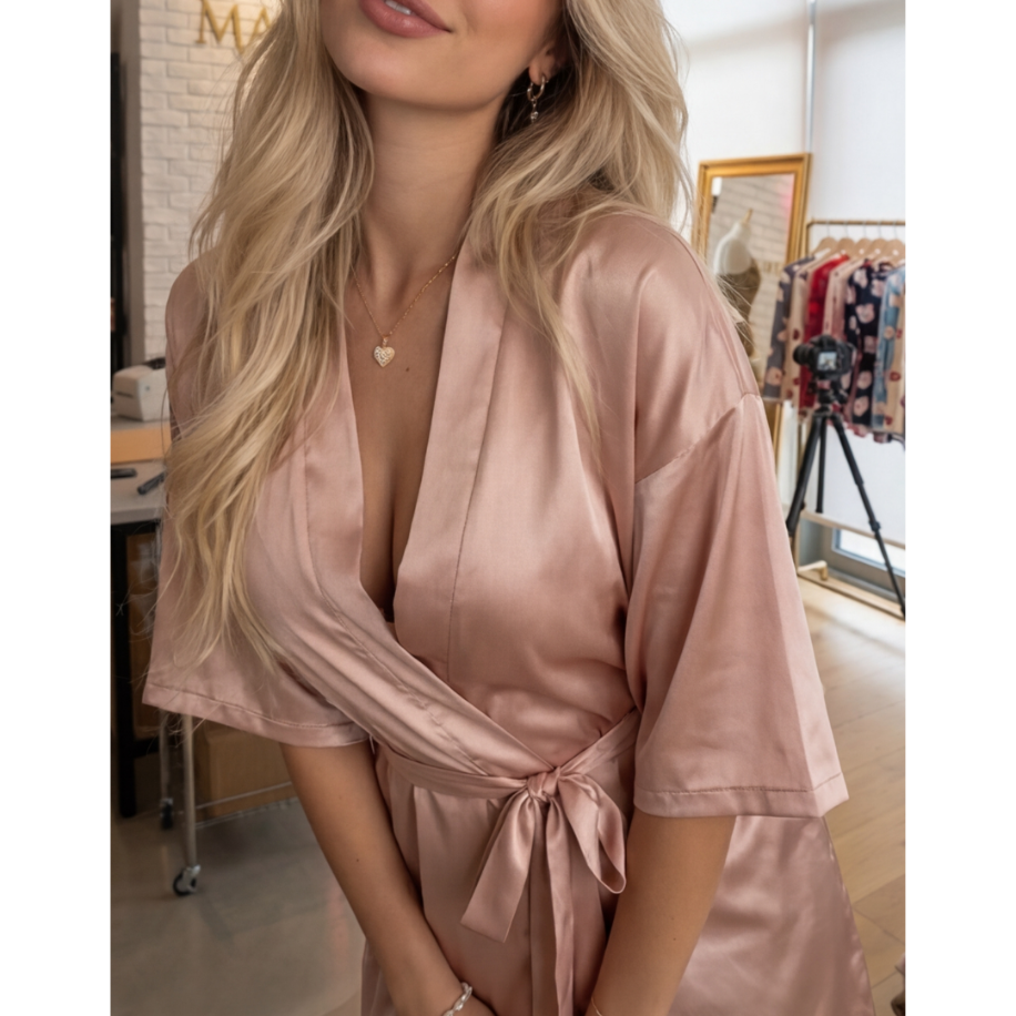 Şampanya Rengi Saten Sabahlık – Lüks Satin Robe - 3