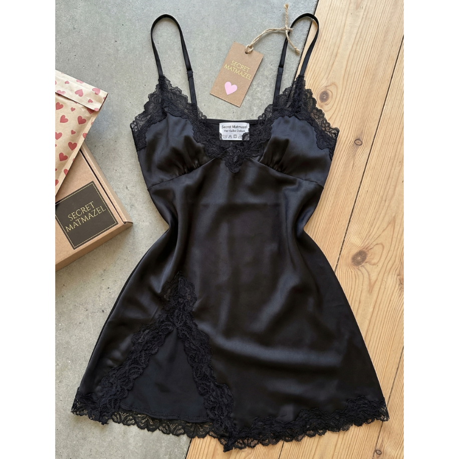 Black Elegance Saten Dantelli Mini Gecelik – Zamansız    Çekici - 2