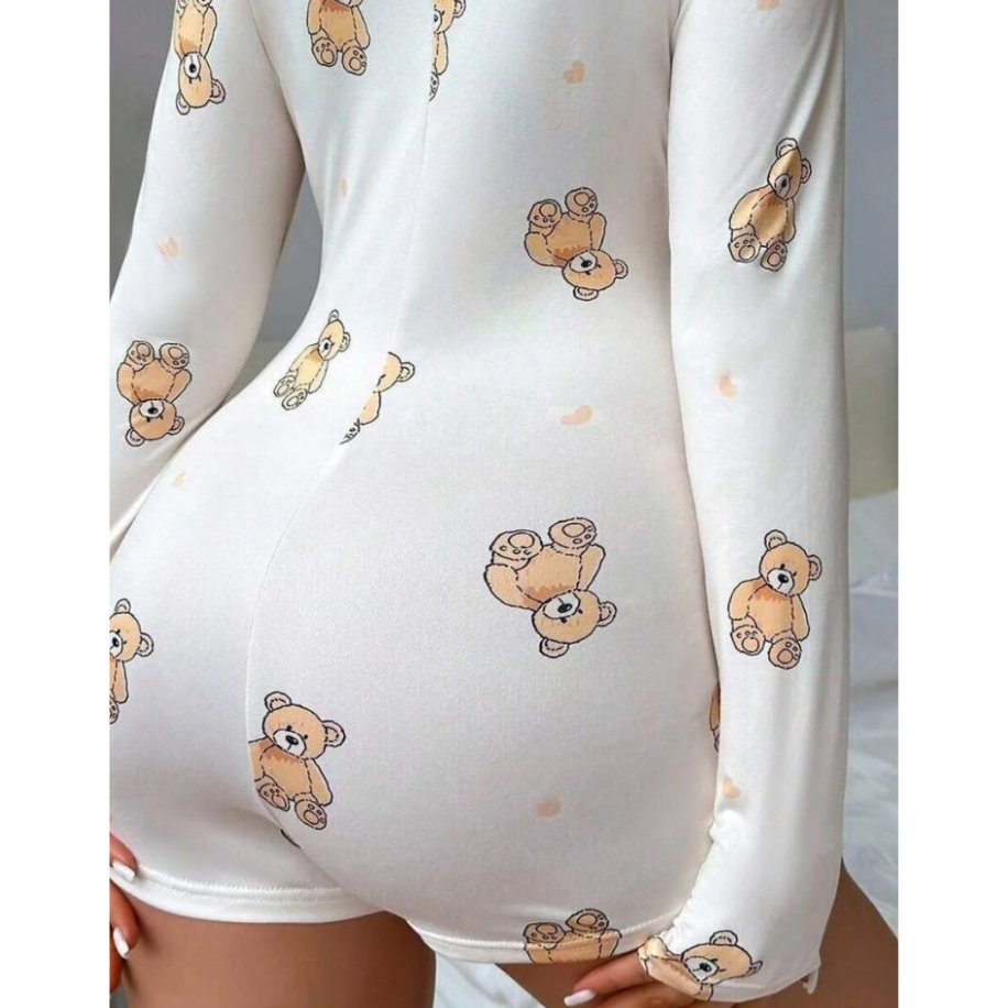 Ayıcık Desenli Kadın Pijama Romper – Uzun Kollu Rahat Ev Giyim - 3