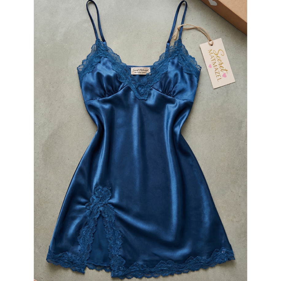 Midnight Blue Saten Dantelli Mini Gecelik – Zarif    Çekici Tasarım - 3