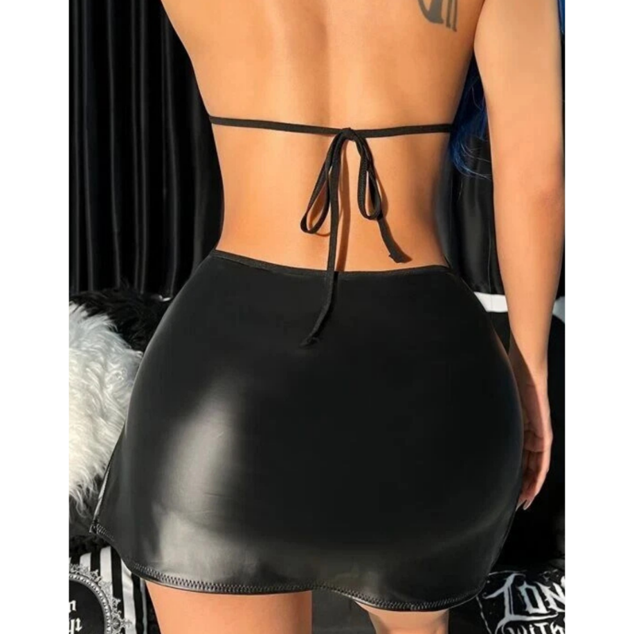 Siyah Deri Görünümlü Bağcıklı Mini Fantezi Elbise - 3