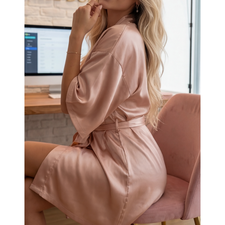 Şampanya Rengi Saten Sabahlık – Lüks Satin Robe - 4