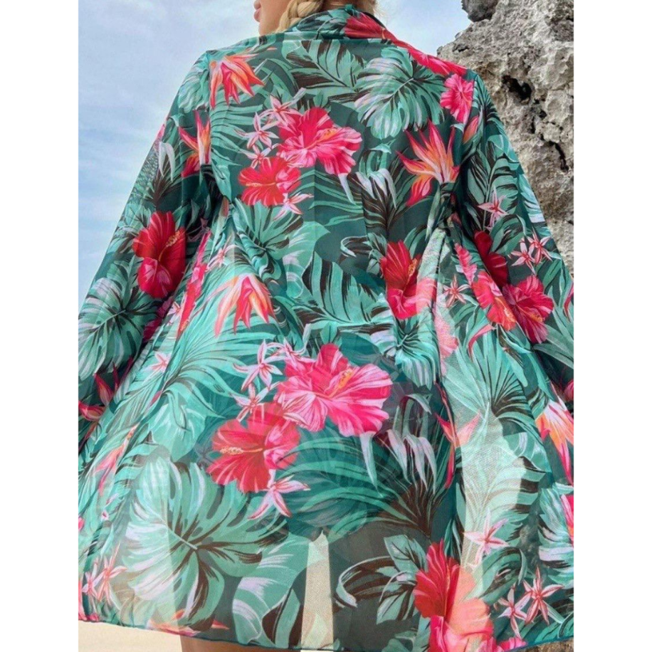 Premium 3 'lü Tropikal Plaj Seti - Yüksek Bel Bikini ve Şifon Kimono - 2