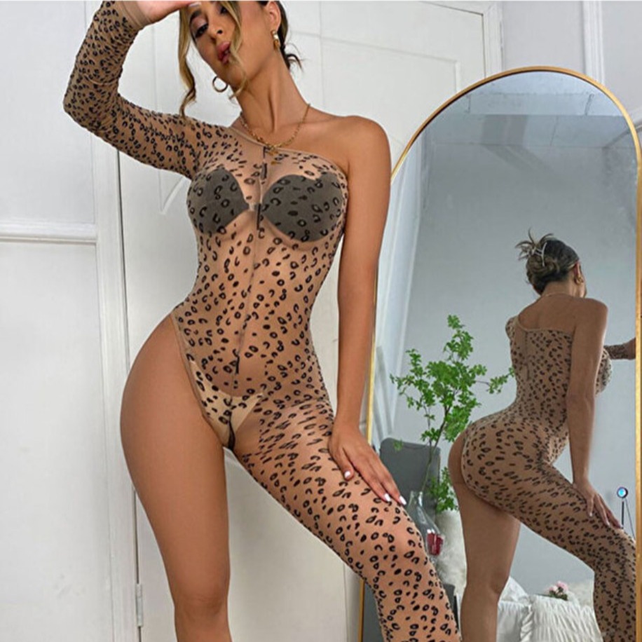 Leopar Desenli Transparan Mesh Catsuit | Tek Omuz | Tam Boy