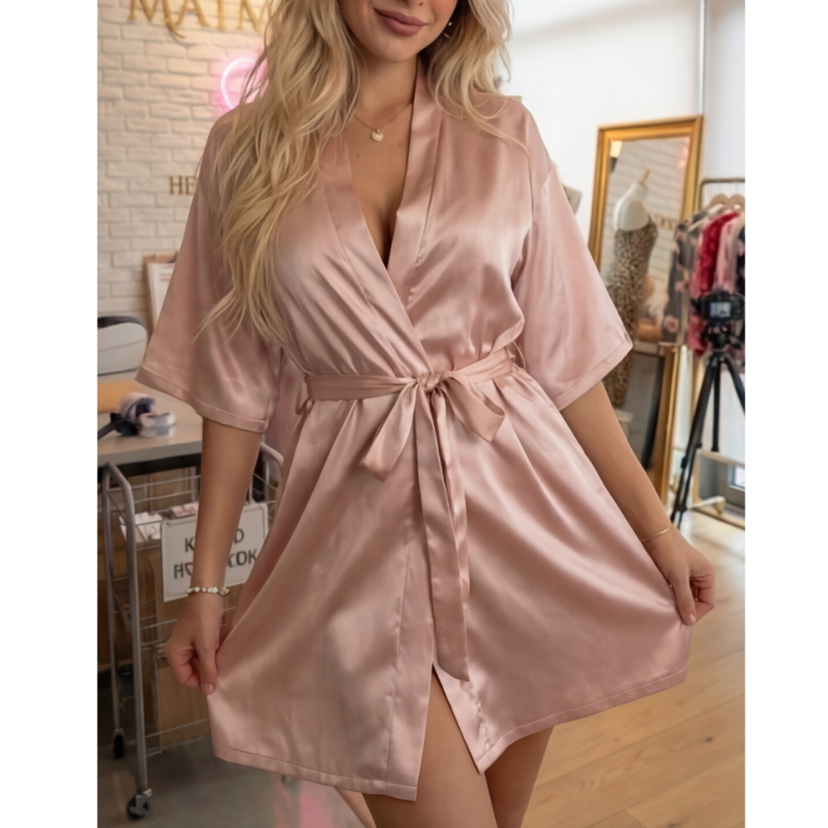 Şampanya Rengi Saten Sabahlık – Lüks Satin Robe