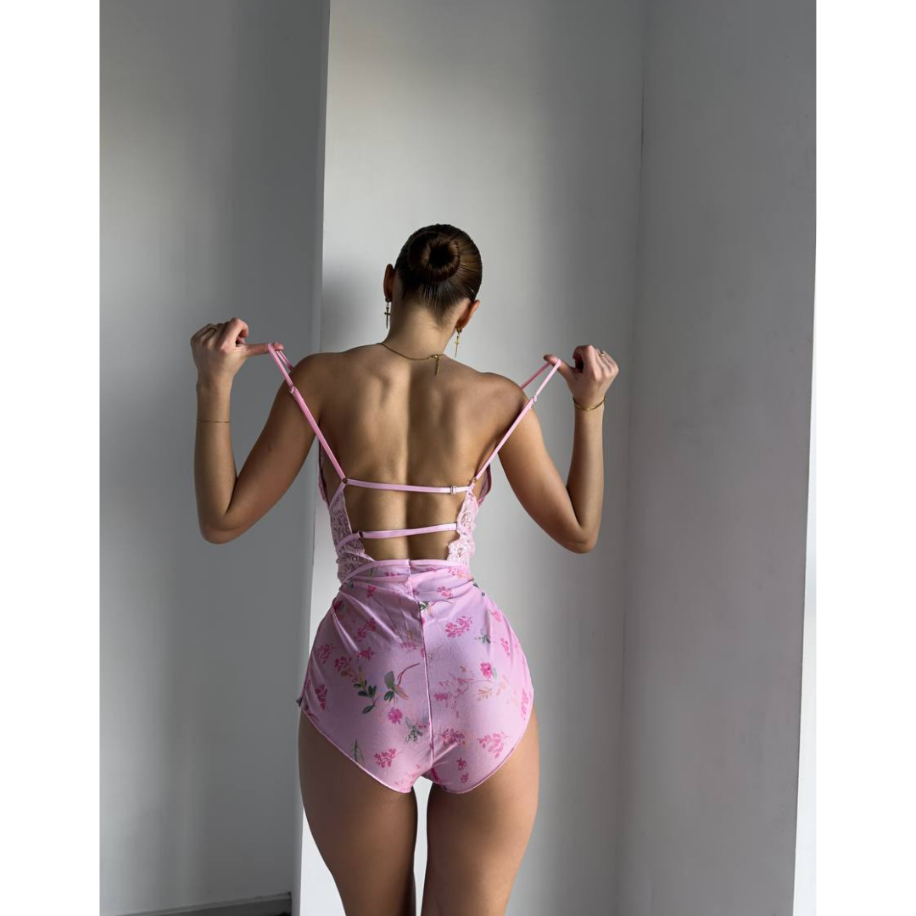 Kadın Pembe Dantel Babydoll – Çiçek Desenli Seksi Fantezi İç Giyim - 3