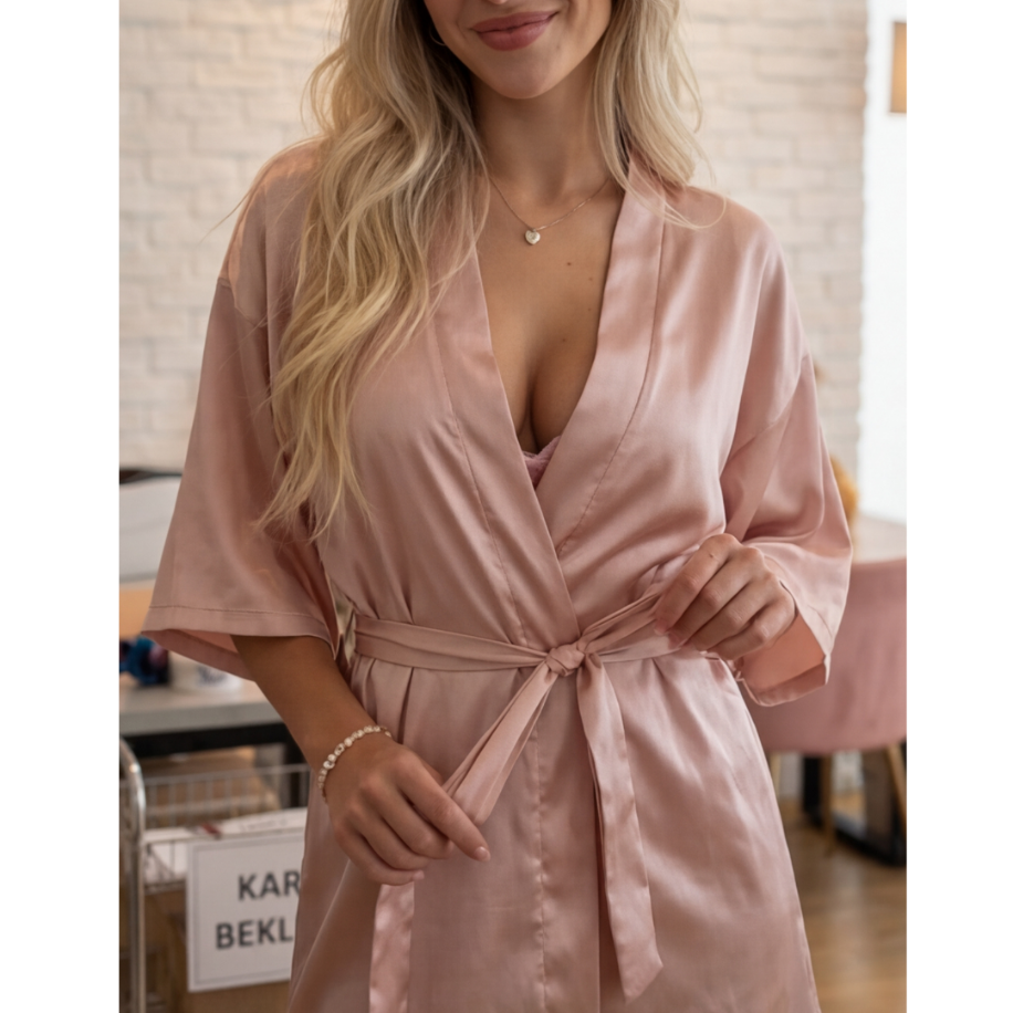 Şampanya Rengi Saten Sabahlık – Lüks Satin Robe - 2