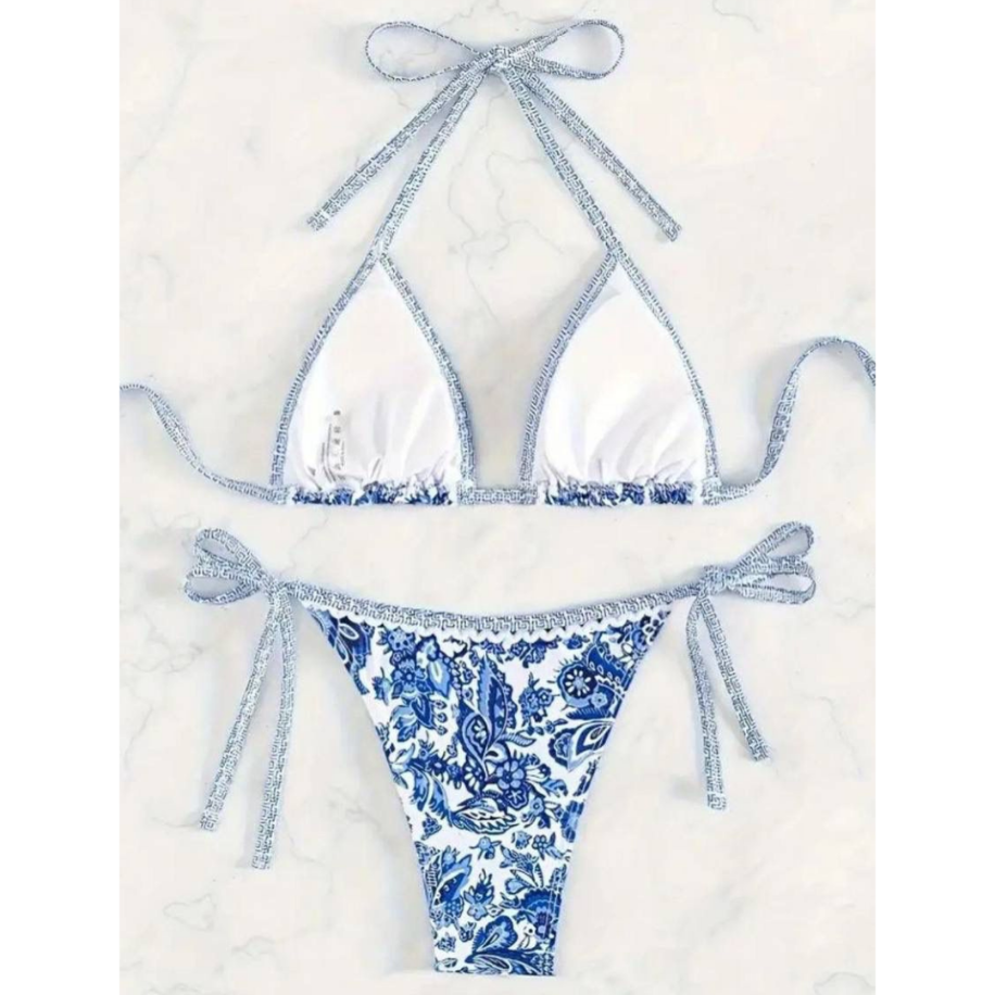 Premium Çini Desenli Mavi Beyaz İpli Üçgen Bikini Takımı - 2