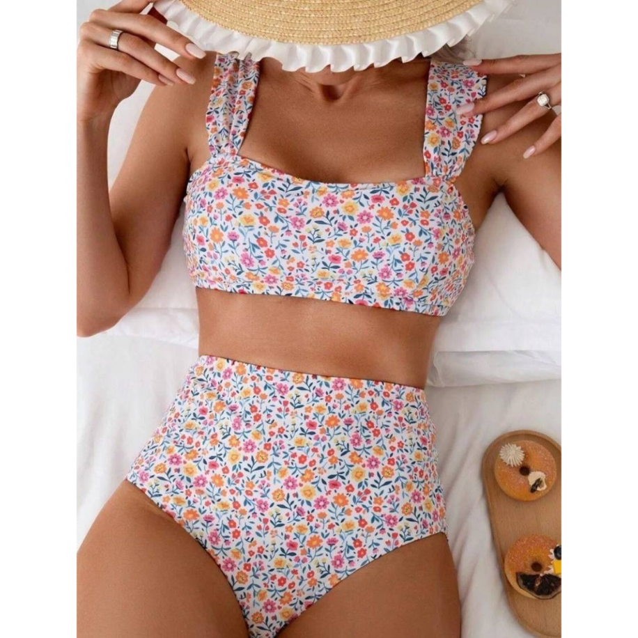 Premium Yüksek Bel Floral Vintage Bikini Takımı - Çiçek Desenli