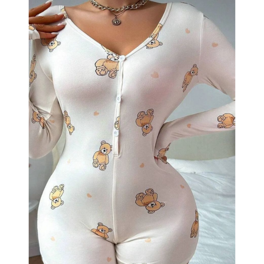 Ayıcık Desenli Kadın Pijama Romper – Uzun Kollu Rahat Ev Giyim
