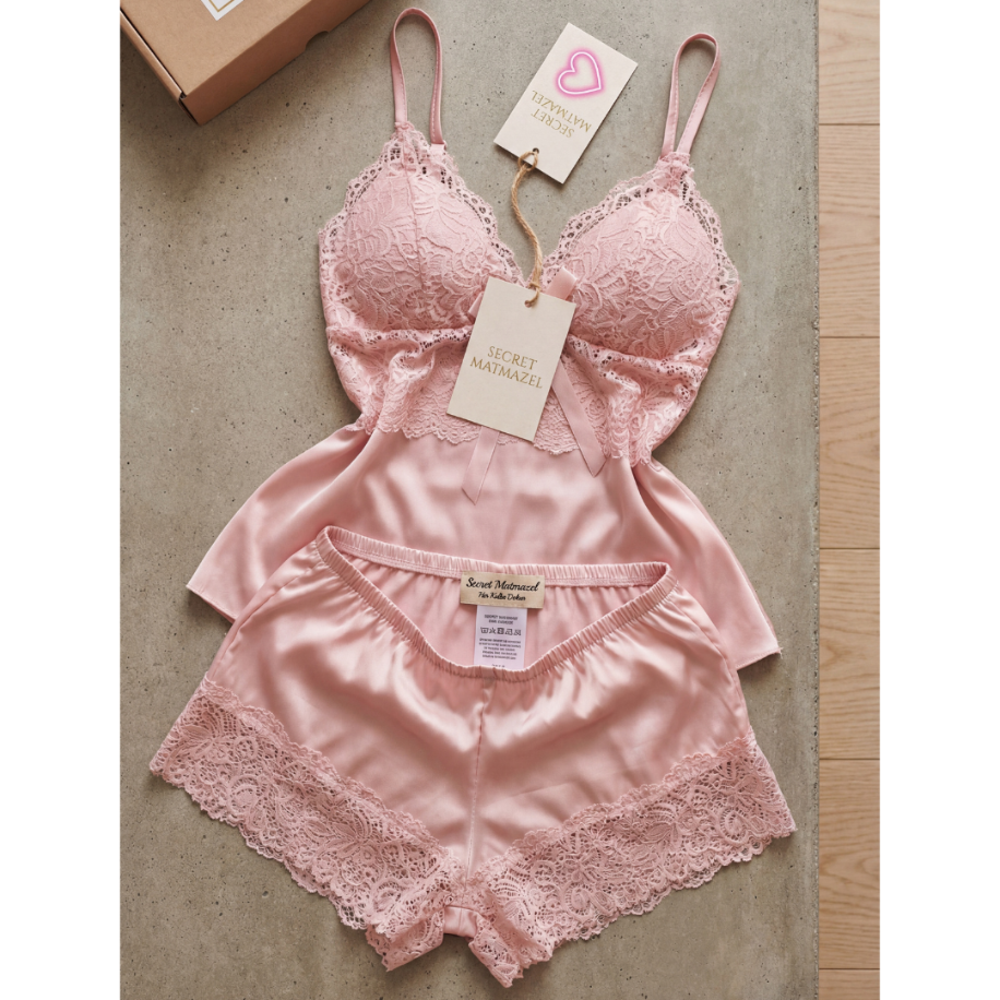 Rose Satin Dantel Detaylı Şortlu Gecelik Takım - 2
