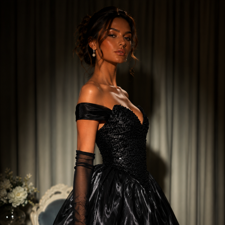 Noir Rococo – Boncuk İşlemeli Korse Siyah Mini Elbise