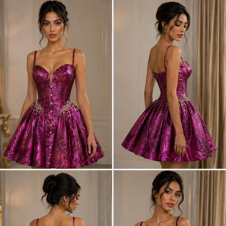 Aurora Magenta – Kristal İşlemeli Fuşya Mini Elbise