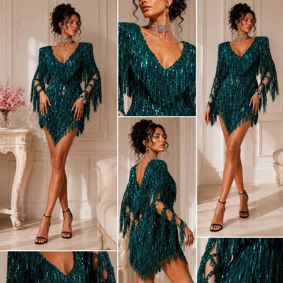 Emerald Dream – Payet Saçaklı Couture Mini Elbise